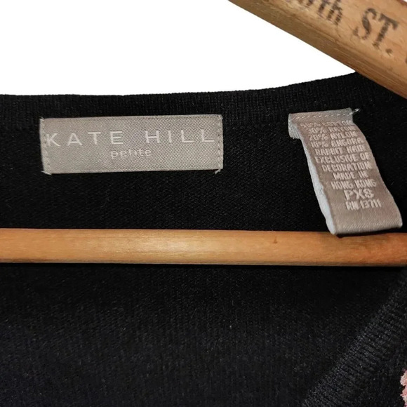 Kate Hill Cardigan Sweater Womens Petite PXS Black Embroidery VNeck Button Front - Picture 3 of 7